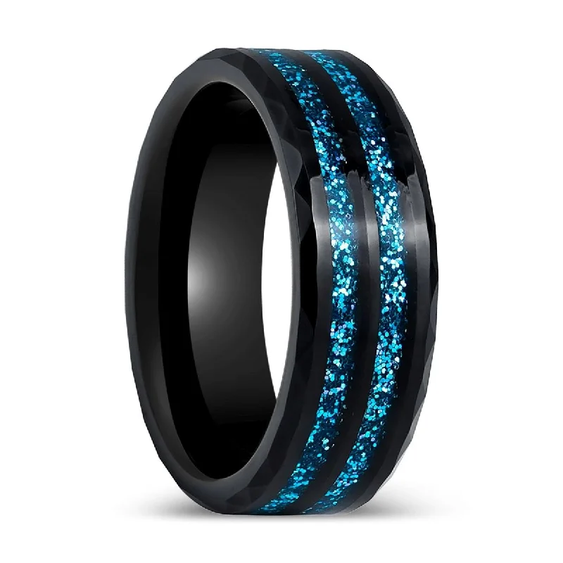 Women’s handcrafted gold ring-ASHEN | Black Tungsten Ring, Blue Glitter Inlay, Beveled Edges