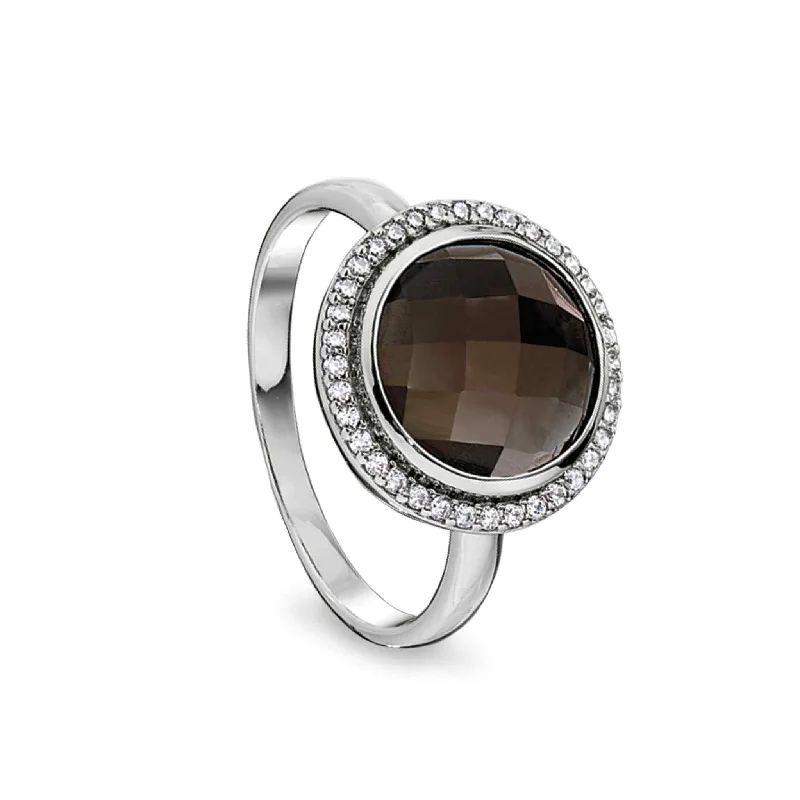 Women’s engagement rings with silver band-Facet Cut Smoky Quartz Ring with Simulated Diamonds