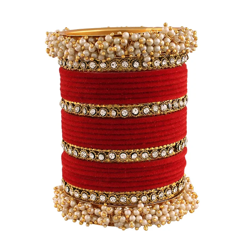 Women’s silver bracelet-Gold-Plated Alloy Red Velvet Bangle Set With Pearl Bangle - The Pari