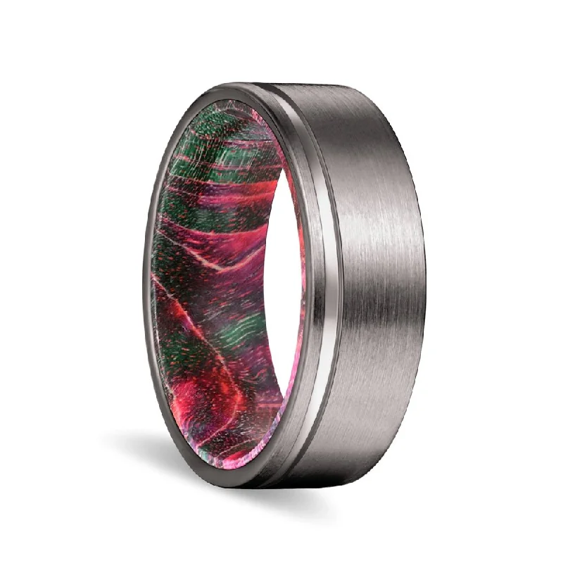 Women’s eco-friendly ring-MAJESTY | Green and Red Wood, Gunmetal Tungsten Offset Groove