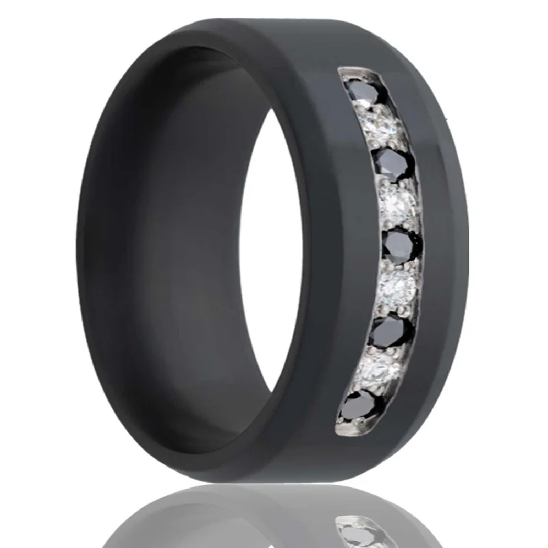 Women’s diamond engagement rings with a twist-Zirconium Men's Wedding Band with Alternating Black & White Diamonds