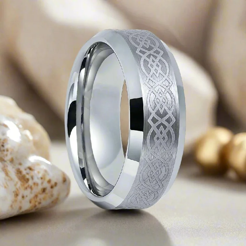 Women’s classic diamond ring-AMIS | Silver Tungsten Ring, Laser Celtic Knot Design, Beveled