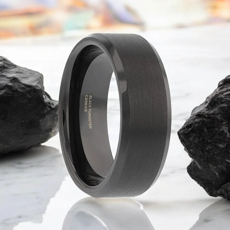 Women’s alternative ring-ELISE | Black Tungsten Ring, Brushed Center, Beveled