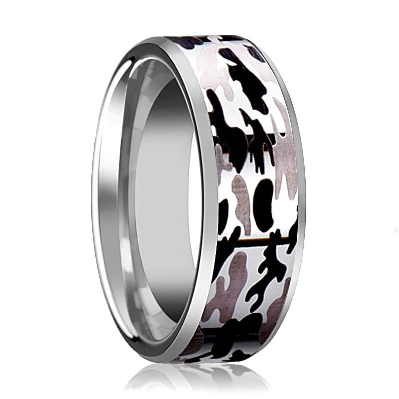 Women’s platinum ring-Silver Polished Men's Tungsten Wedding Band W/ Black and Gray Camo Inlay and Bevels - 8MM