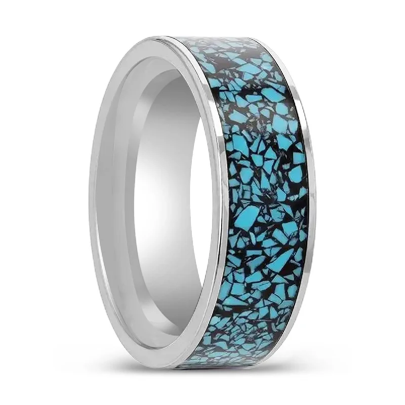 Women’s vintage ring-TURKUAZ | Tungsten Ring, Crushed Turquoise Inlay, Flat Polished Edges