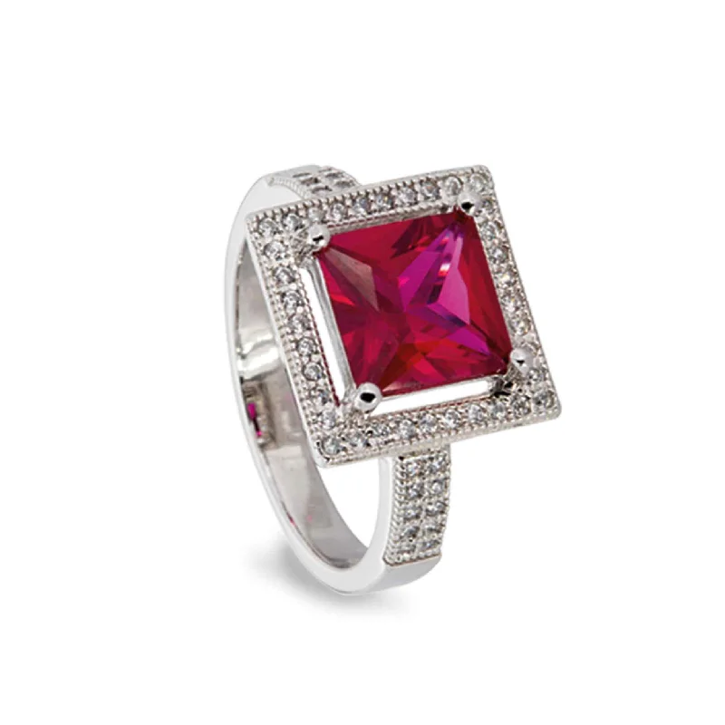 Women’s platinum diamond engagement rings-Simulated Ruby Princess Cut Ring with 57 Simulated Diamonds