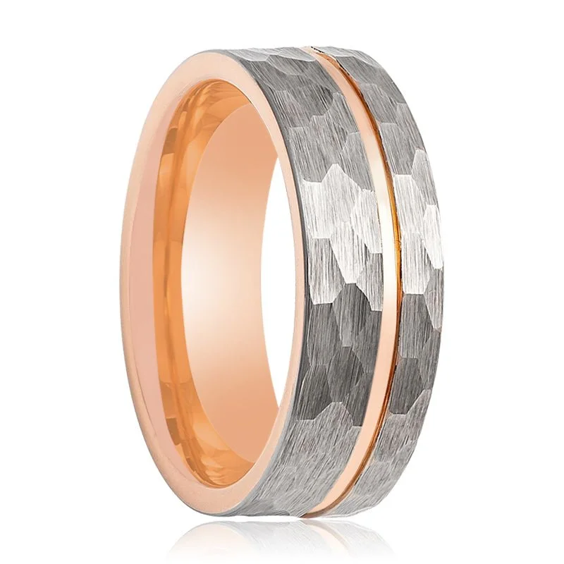 Women’s adjustable ring-TROOPER | Tungsten Ring Rose Gold Groove Hammered Finish