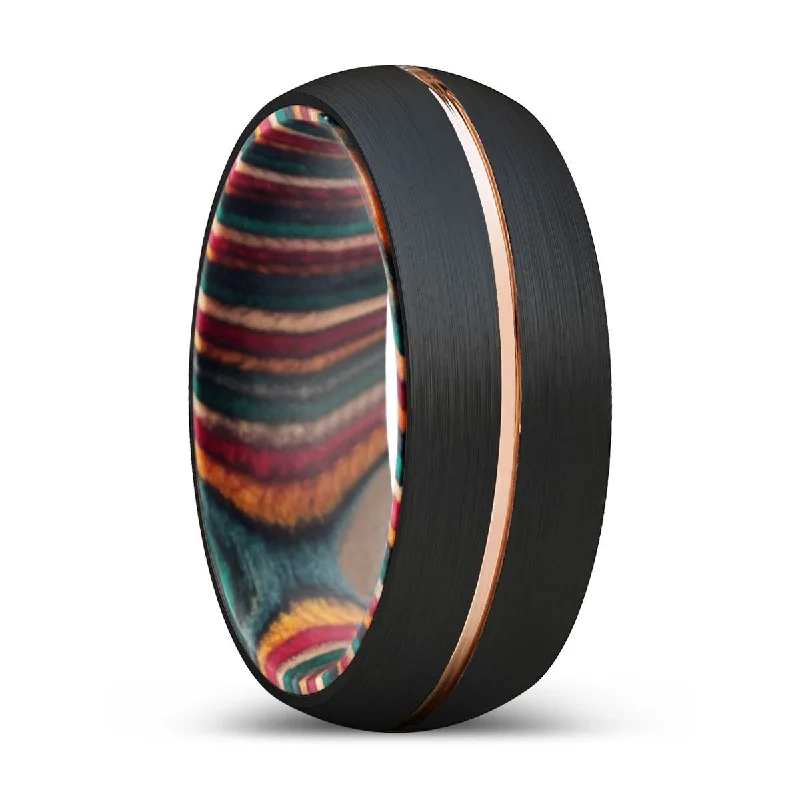 Women’s diamond cluster ring-LUDOLF | Multi Color Wood, Black Tungsten Ring, Rose Gold Groove, Domed