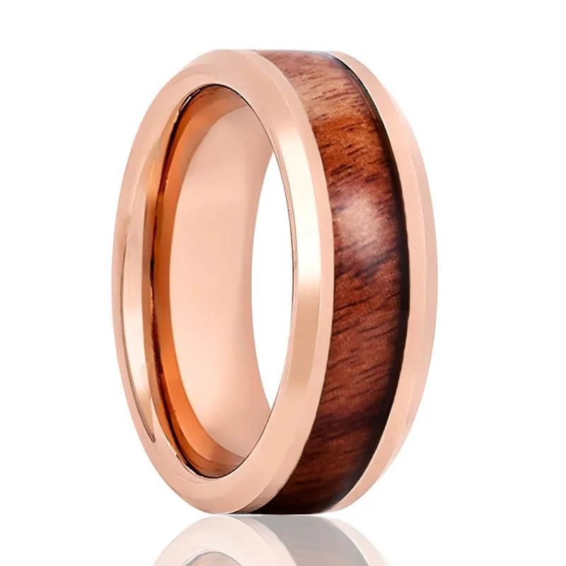 Women’s diamond cluster ring-RUSTIC | Rose Gold Tungsten Ring, Koa Wood Inlay, Beveled