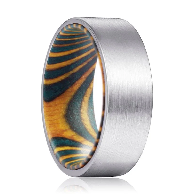 Women’s aquamarine ring-ROYAL | Green & Yellow Wood, Silver Tungsten Ring, Brushed, Flat