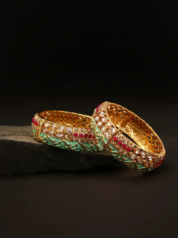 Women’s rose gold bangle-Priyaasi Women Set Of 2 Gold-Plated Ruby & American Diamond Studded Mint Green Meenakari Openable Bangle