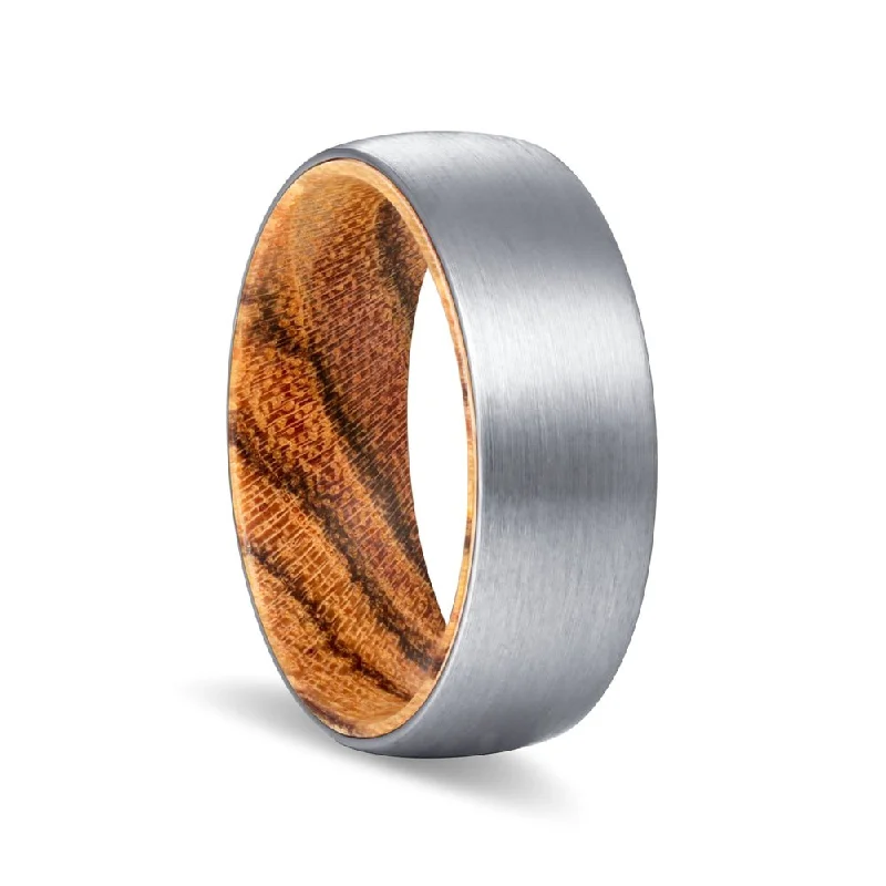 Women’s three-stone ring-YOGI | Bocote Wood, Silver Tungsten Ring, Brushed, Domed