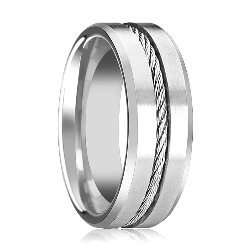 Women’s gold ring-LANNISTER | Silver Tungsten Ring, Steel Wire Cable Inlay, Beveled