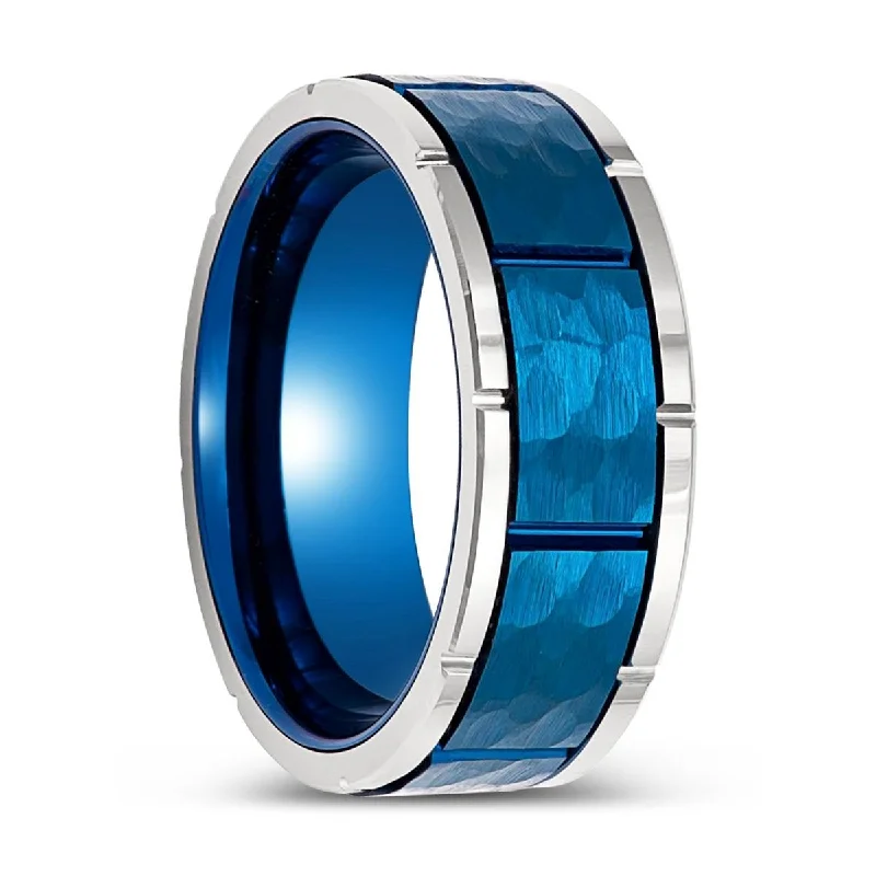 Women’s engagement ring-PACHUTA | Blue Hammered Tungsten Ring with Notches