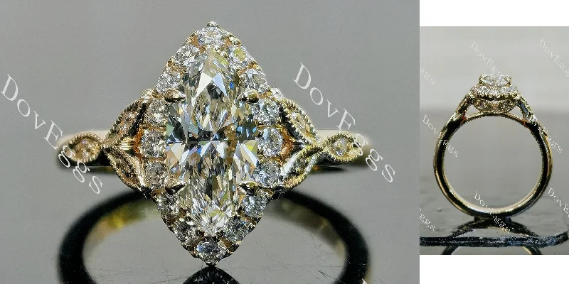 Women’s one-of-a-kind engagement rings-Doveggs marquise halo side stones art deco moissanite engagement ring