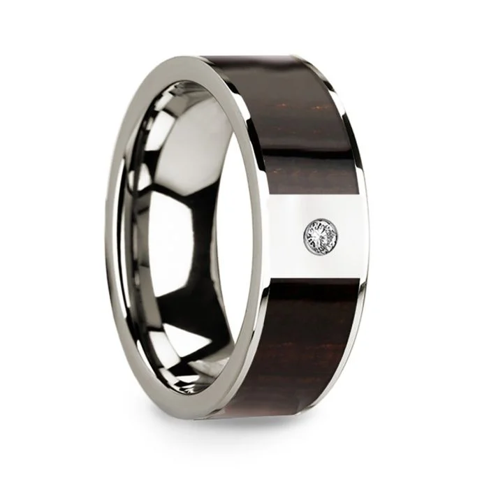 Women’s large diamond engagement rings-14k White Gold Men's Wedding Band with Ebony Wood Inlay & Diamond