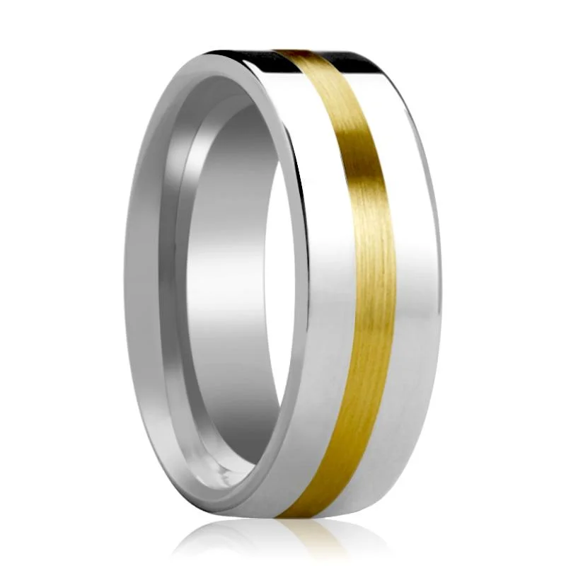 Women’s cocktail ring-HARRISBURG | Silver Tungsten Ring, 14k Yellow Gold Stripe Inlay, Flat