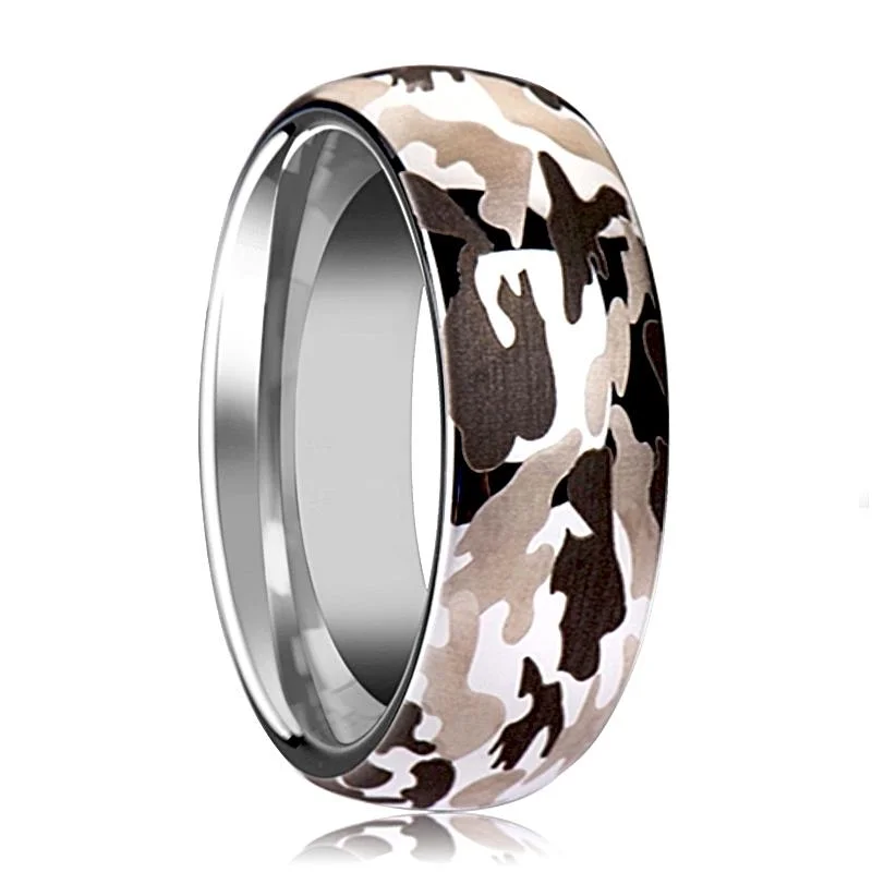 Women’s twisted band ring-BATTALION | Silver Tungsten Ring, Black and Gray Camo, Domed