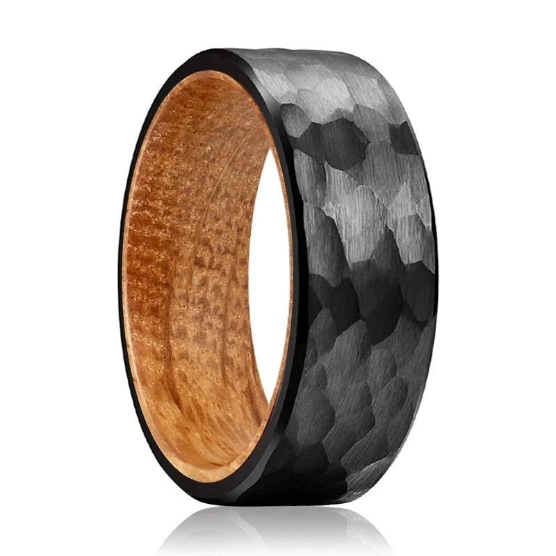 Women’s silver and gold ring-GLAMIS | Whiskey Barrel Wood, Black Tungsten Ring, Hammered, Flat