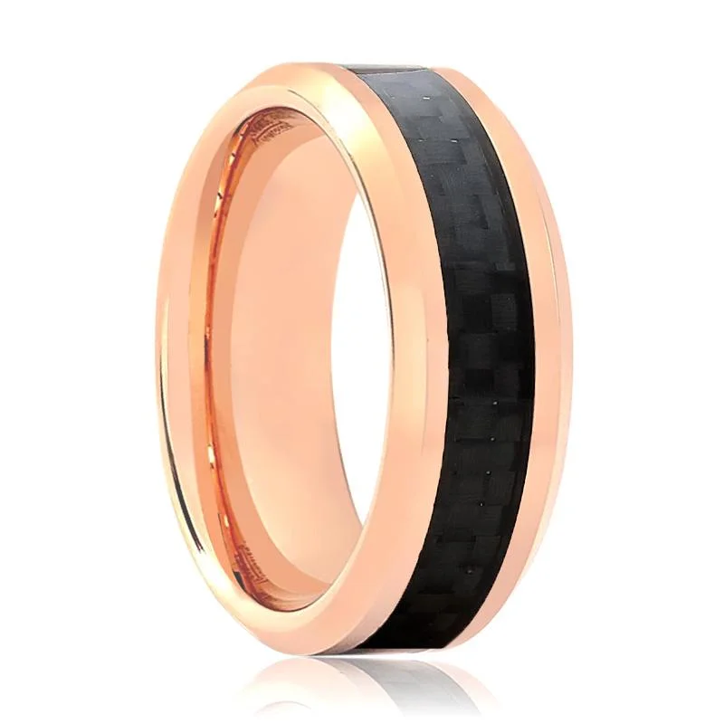 Women’s two-band ring-KAHLO | Rose Gold Tungsten Ring, Black Carbon Fiber Inlay, Beveled