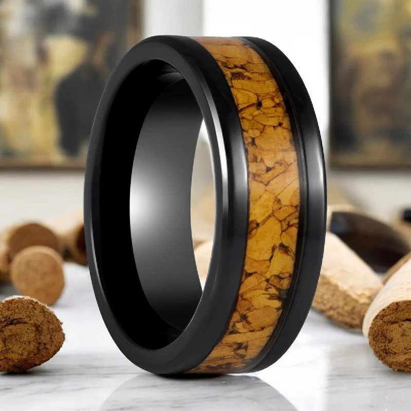 Women’s stacked diamond rings-LANG | Black Tungsten Ring, Natural Cork Inlay, Flat