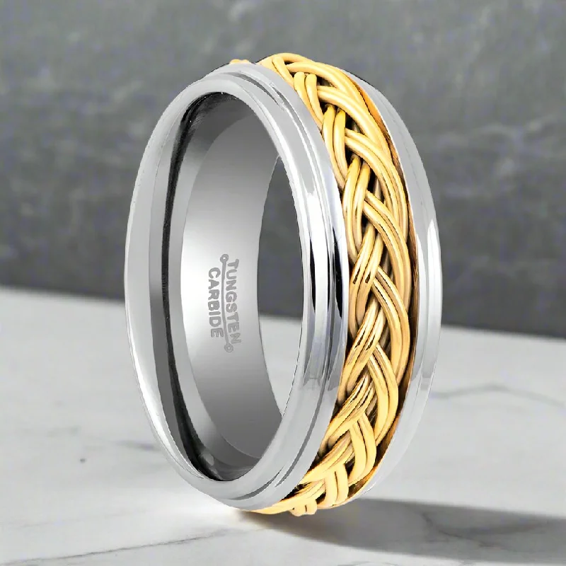 Women’s geometric ring-VIPER | Silver Tungsten Ring, Gold Braid, Domed