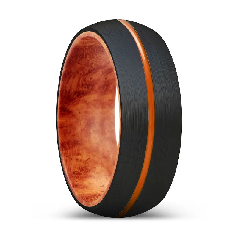 Women’s radiant-cut ring-TEMPLEWOOD | Red Burl Wood, Black Tungsten Ring, Orange Groove, Domed