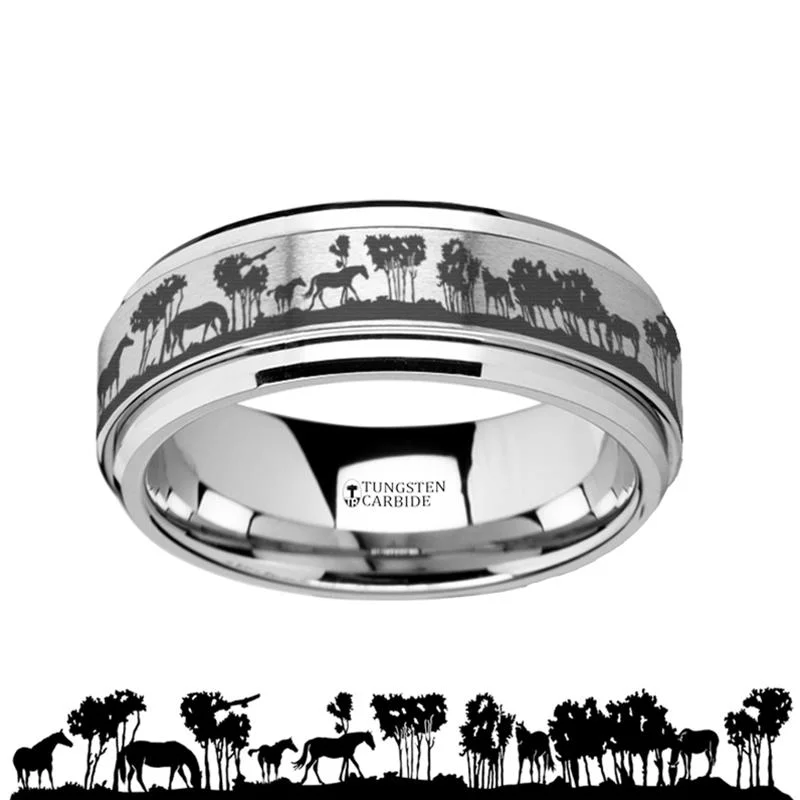 Women’s wide band ring-Laser Engraved Wild Horse Scene Men's Tungsten Carbide Spinner Ring with Bevels - 8MM