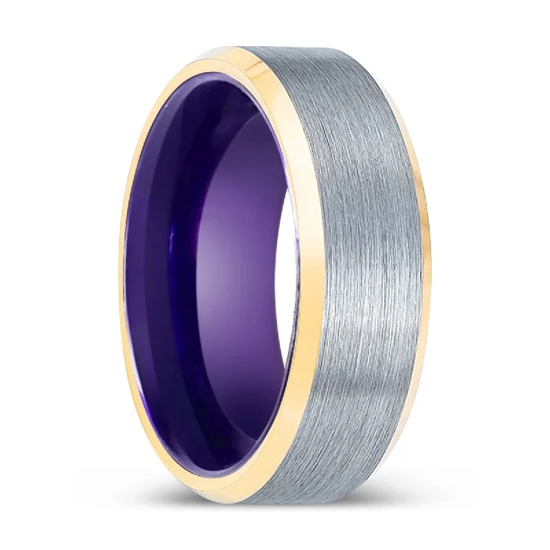 Women’s side-stone ring-ROCKER | Purple Ring, Brushed, Silver Tungsten Ring, Gold Beveled Edges