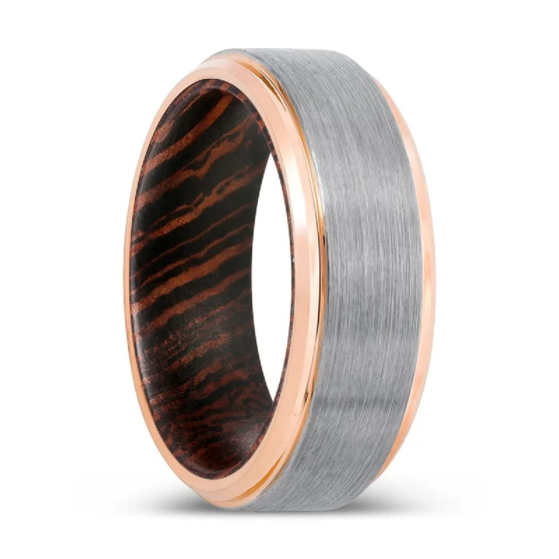 Women’s simple gold ring-ASVIN | Wenge Wood, Silver Tungsten Ring, Brushed, Rose Gold Stepped Edge