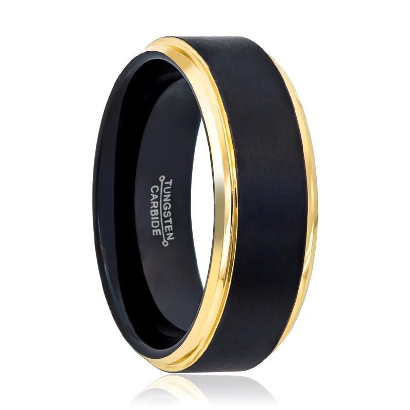 Women’s engraved ring-DEIMOS | Black Tungsten Ring, Brushed, Gold Stepped Edge