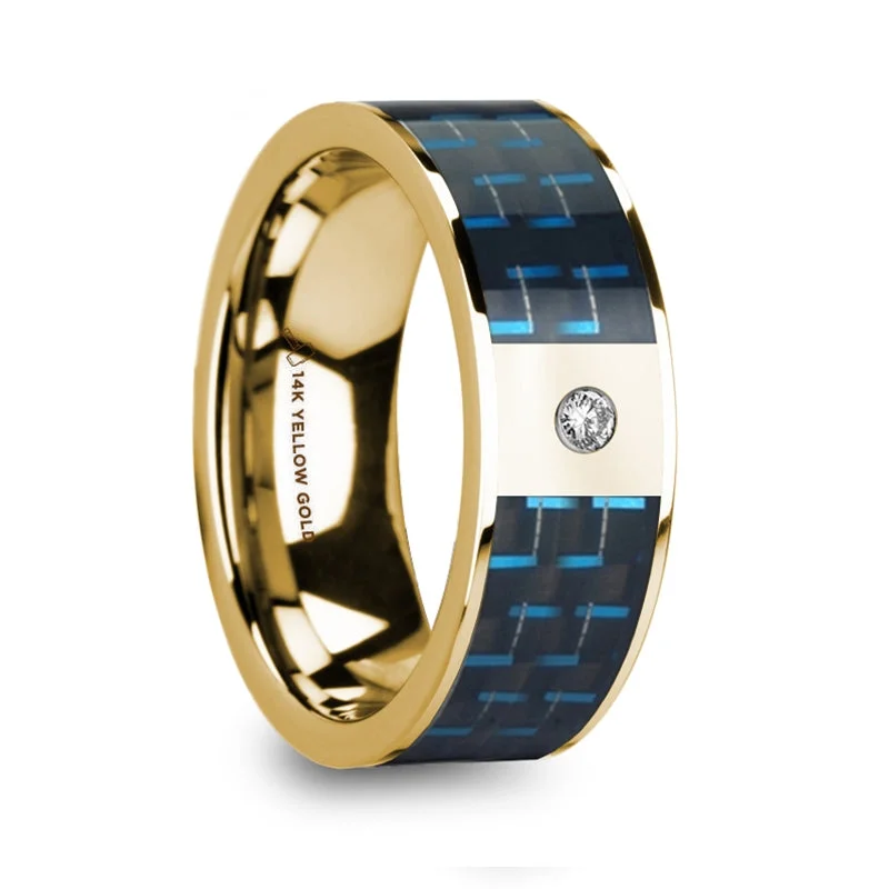 Women’s chic engagement rings-14k Yellow Gold Men's Wedding Band with and Black & Blue Carbon Fiber Inlay and Diamond