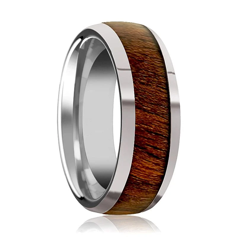 Women’s two-band ring-JUGLAN | Silver Tungsten Ring, Black Walnut Wood Inlay, Domed