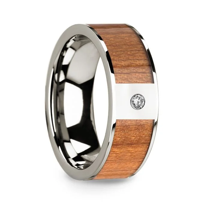 Women’s engagement rings with heart-shaped stones-14k White Gold Men's Wedding Band with Sapele Wood Inlay & Diamond