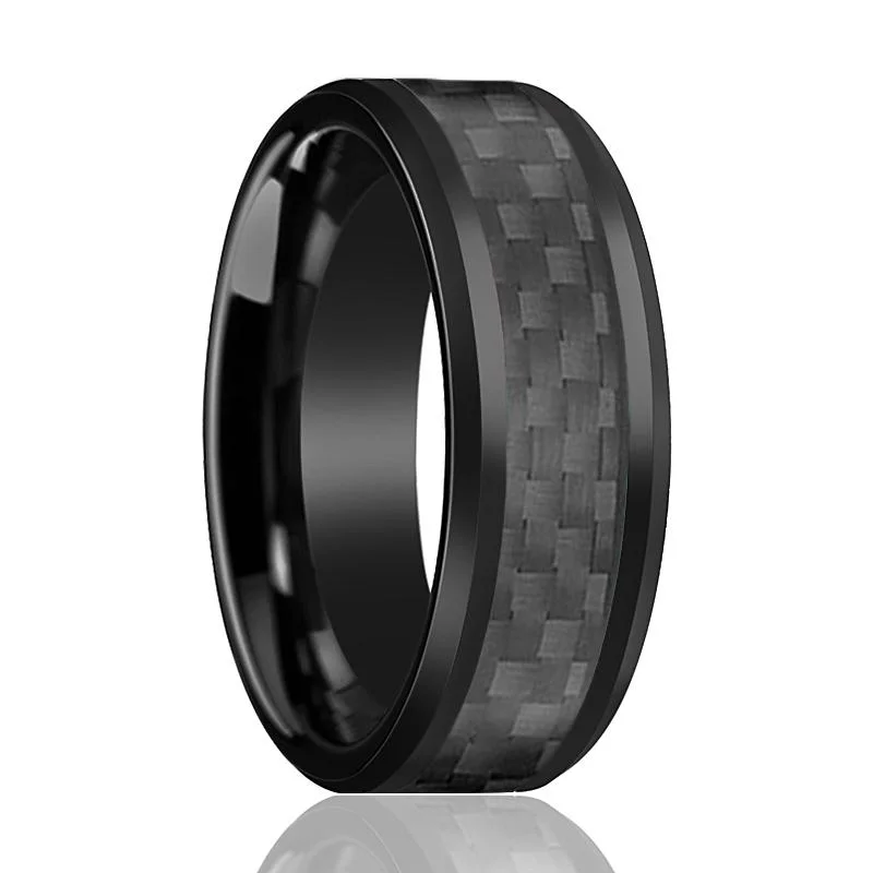 Women’s vintage ring-LUCIUS | Black Tungsten Ring, Black Carbon Fiber Inlay, Beveled