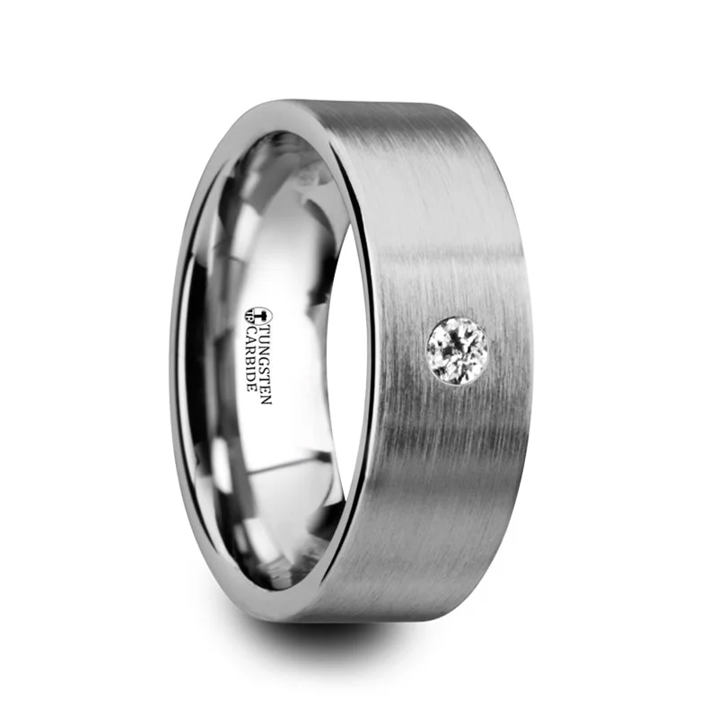 Women’s custom made engagement rings-Brushed Tungsten Men's Wedding Band with Diamond