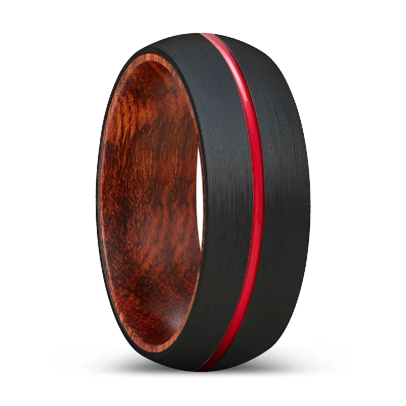 Women’s engraved wedding ring-WIGGLES | Snake Wood, Black Tungsten Ring, Red Groove, Domed