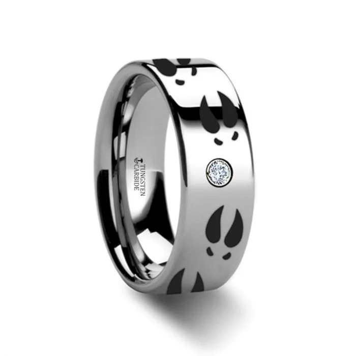 Women’s vintage diamond engagement rings-Deer Print Engraved Tungsten Men's Wedding Band with Diamond