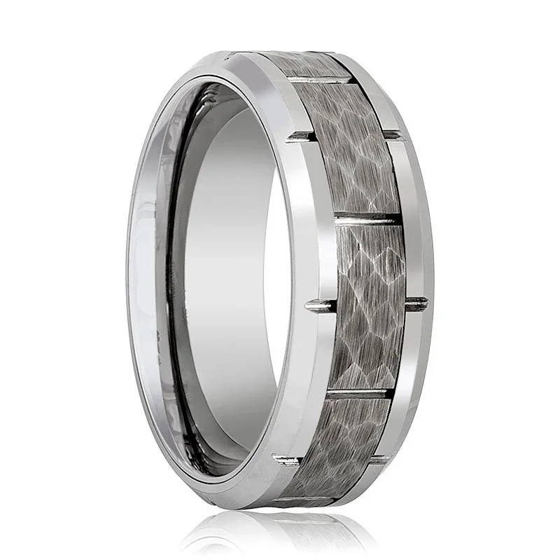 Women’s blue sapphire ring-GURNEY | Silver Tungsten Ring, Hammered, Notches, Beveled