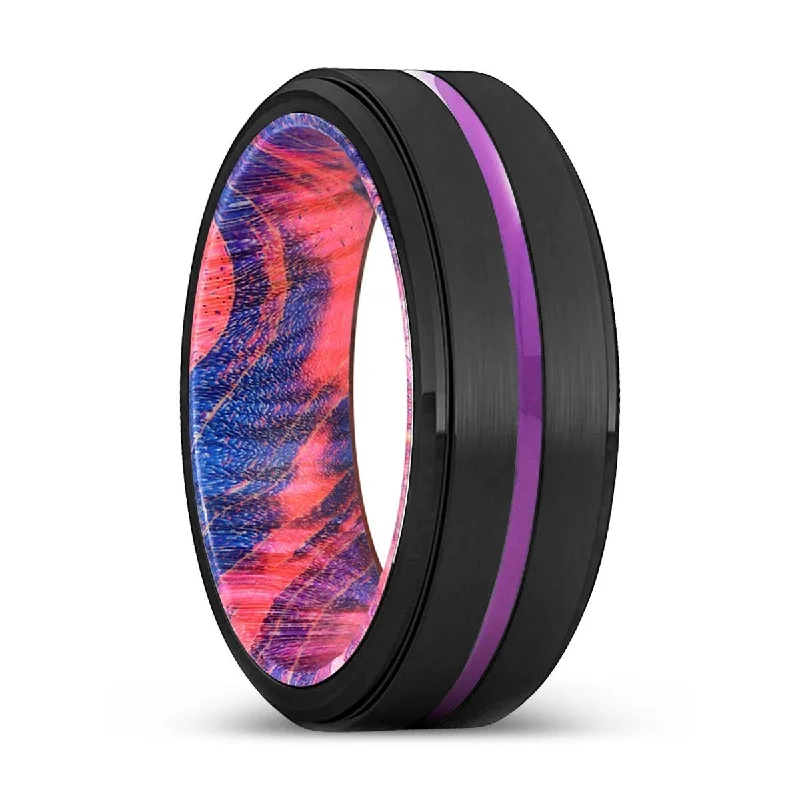 Women’s zirconia ring-BUNDABERG | Blue & Red Wood, Black Tungsten Ring, Purple Groove, Stepped Edge