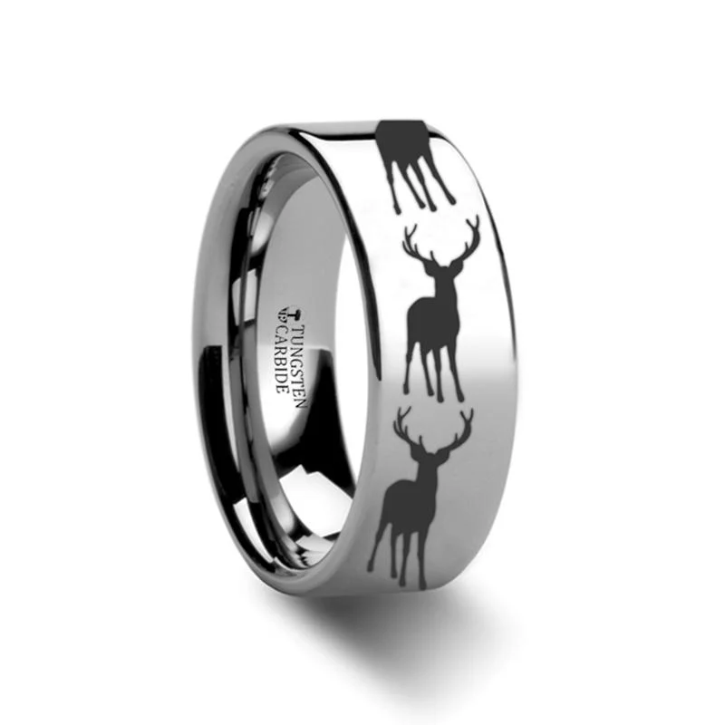 Women’s halo ring-Stag Fawn Deer Elk Print Laser Engraved Animal Design Tungsten Couple Matching Ring - 4MM - 12MM