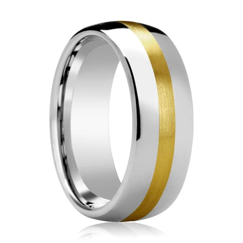 Women’s promise ring-CENTURION | Silver Tungsten Ring, 14k Yellow Gold Stripe Inlay, Domed