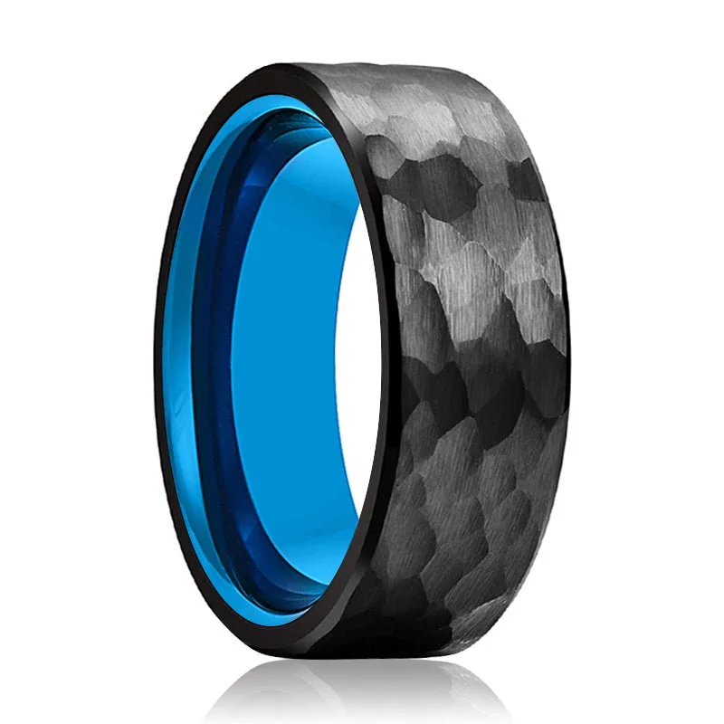 Women’s eternity band-KAILANI | Blue Tungsten Ring, Black Tungsten Ring, Hammered, Flat