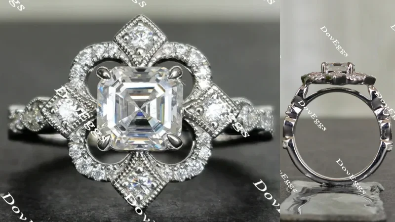 Women’s engagement rings with delicate details-The aviator's floral Asscher moissanite engagement ring