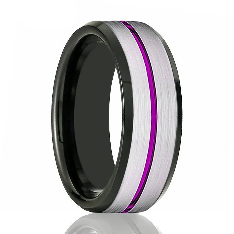 Women’s art deco ring-SWOOSH | Black Ring, Silver Brushed Purple Groove Black Beveled