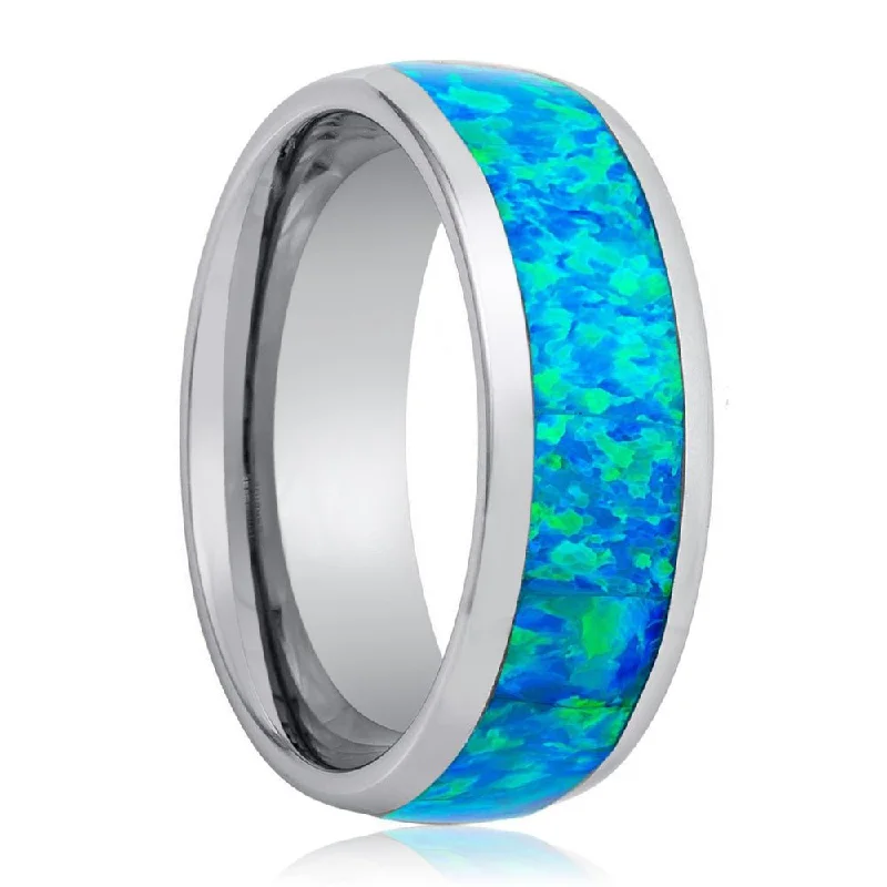 Women’s ring with diamonds-TROPIC | Tungsten Ring Synthetic Opal Inlay