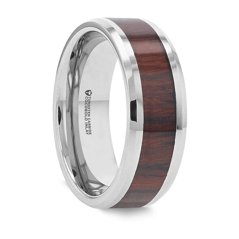 Women’s black diamond ring-PRESLEY | Silver Tungsten Ring. Cocobolo Wood Inlay, Beveled