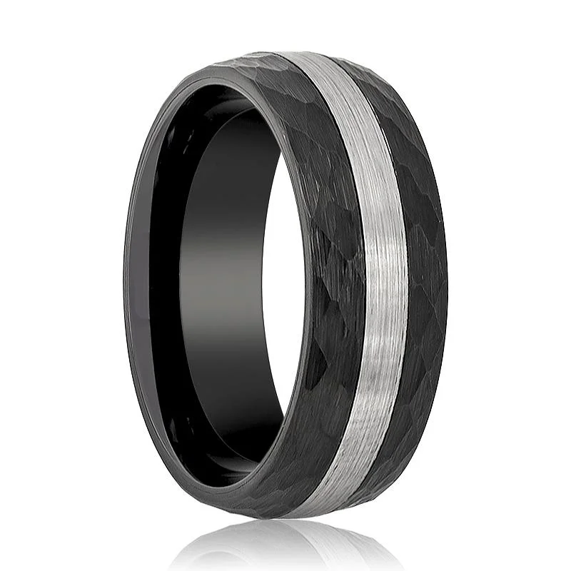 Women’s black diamond ring-Men's Black Hammered Tungsten Wedding Band with Silver Brushed Stripe Center Domed Edges