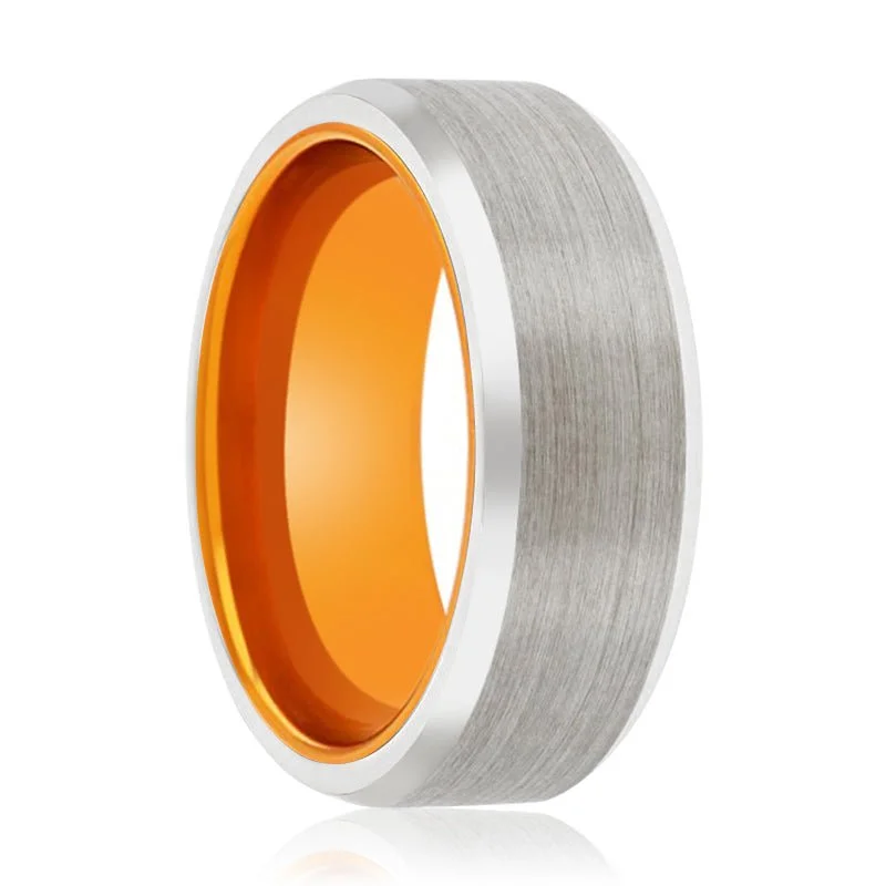 Women’s spiritual ring-CARMELLO | Orange Ring, Silver Tungsten Ring, Brushed, Beveled