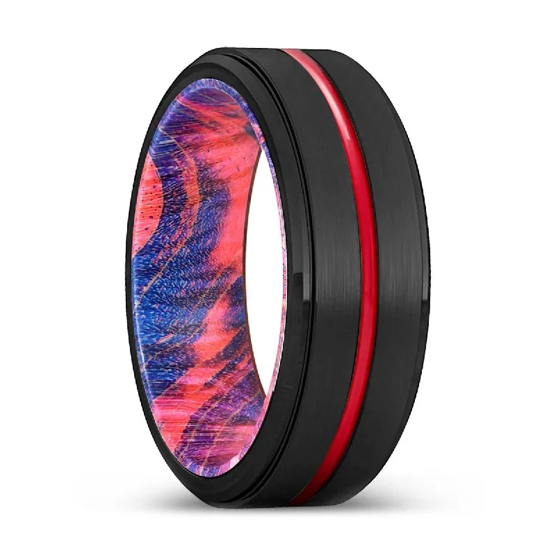 Women’s floral design ring-GILLY | Blue & Red Wood, Black Tungsten Ring, Red Groove, Stepped Edge